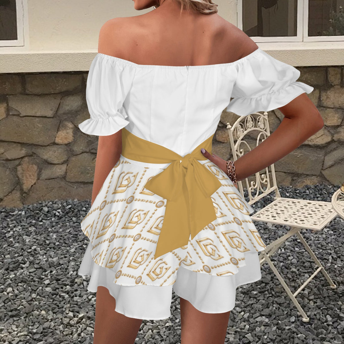 Giamorae Designer Off Shoulder White Gold Women's Off Shoulder Ruffle Hem Dress