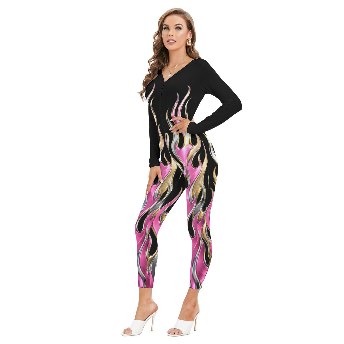 NDO PINK FIRE Women's Plunging Neck Jumpsuit