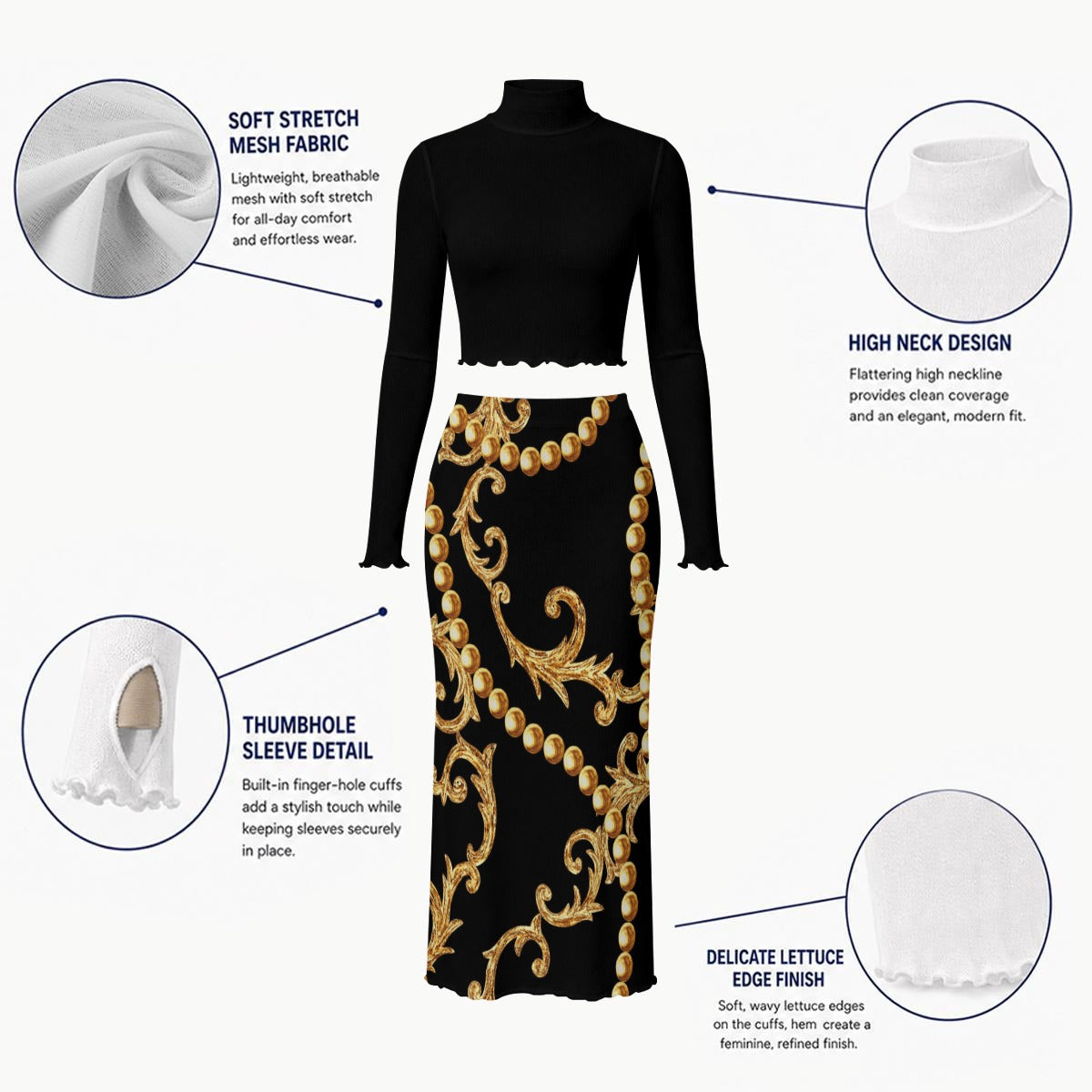 NDO Lux Women's High Neck Skirt Set With Thumb Hole