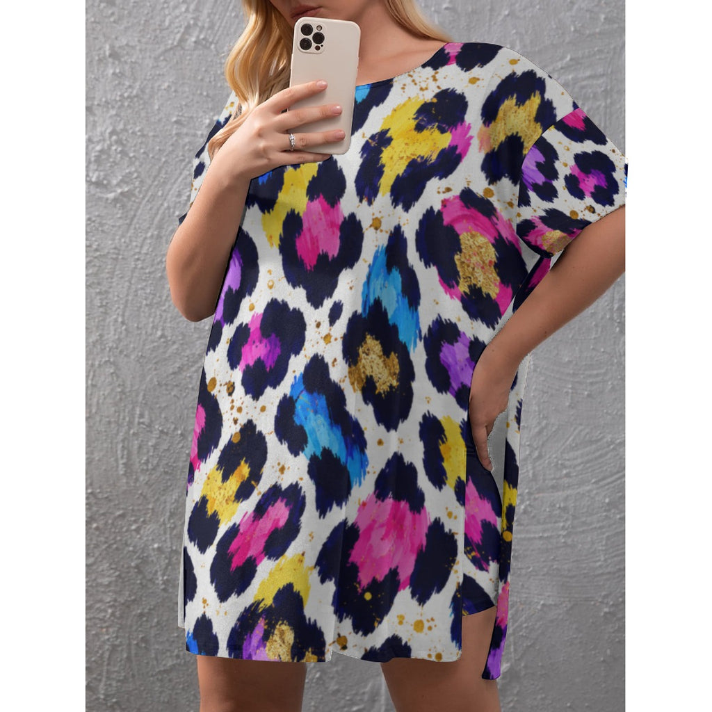 Multi Color Animal Print Women's Drop-Shoulder T-Shirt with Side Split and Shorts (Plus Size)