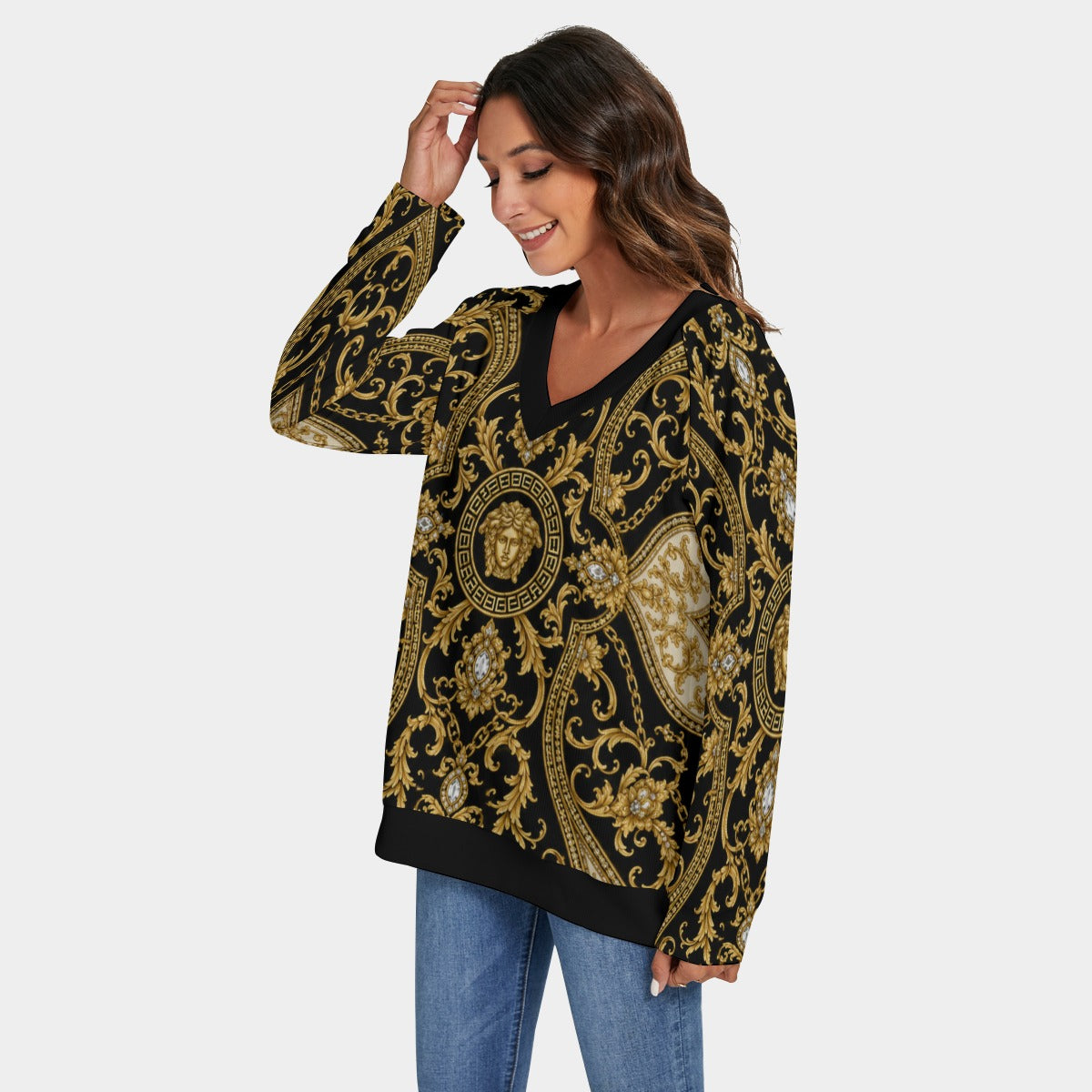 NDO LUXE Medal Women's V-neck Imitation Knitted Sweater With Long Sleeve