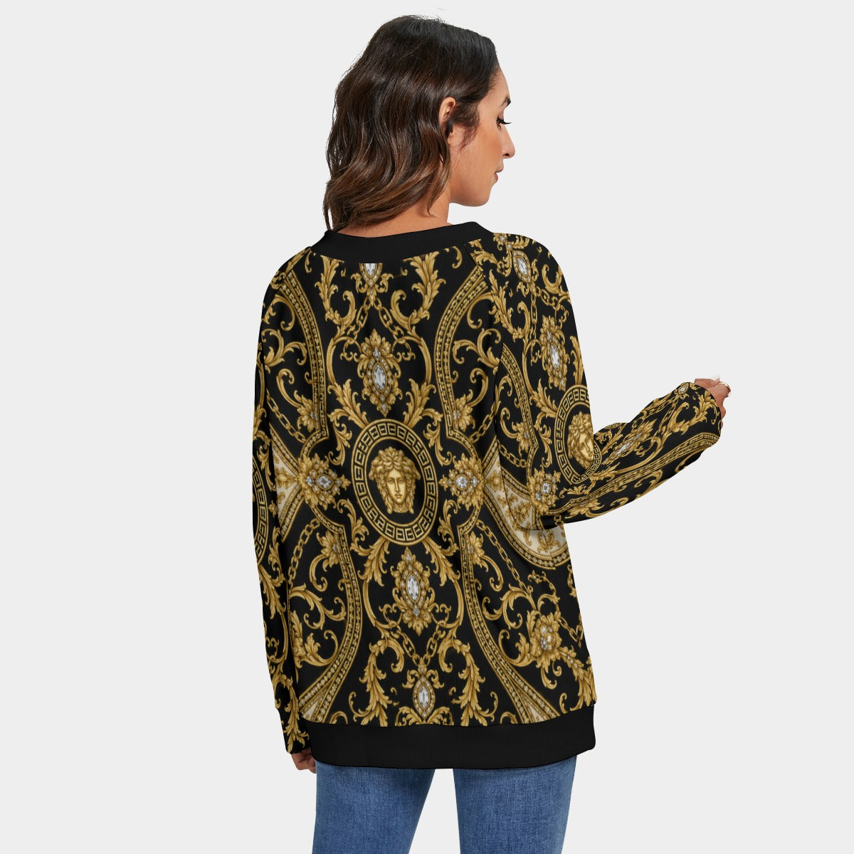 NDO LUXE Medal Women's V-neck Imitation Knitted Sweater With Long Sleeve