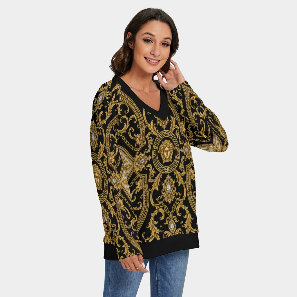 NDO LUXE Medal Women's V-neck Imitation Knitted Sweater With Long Sleeve