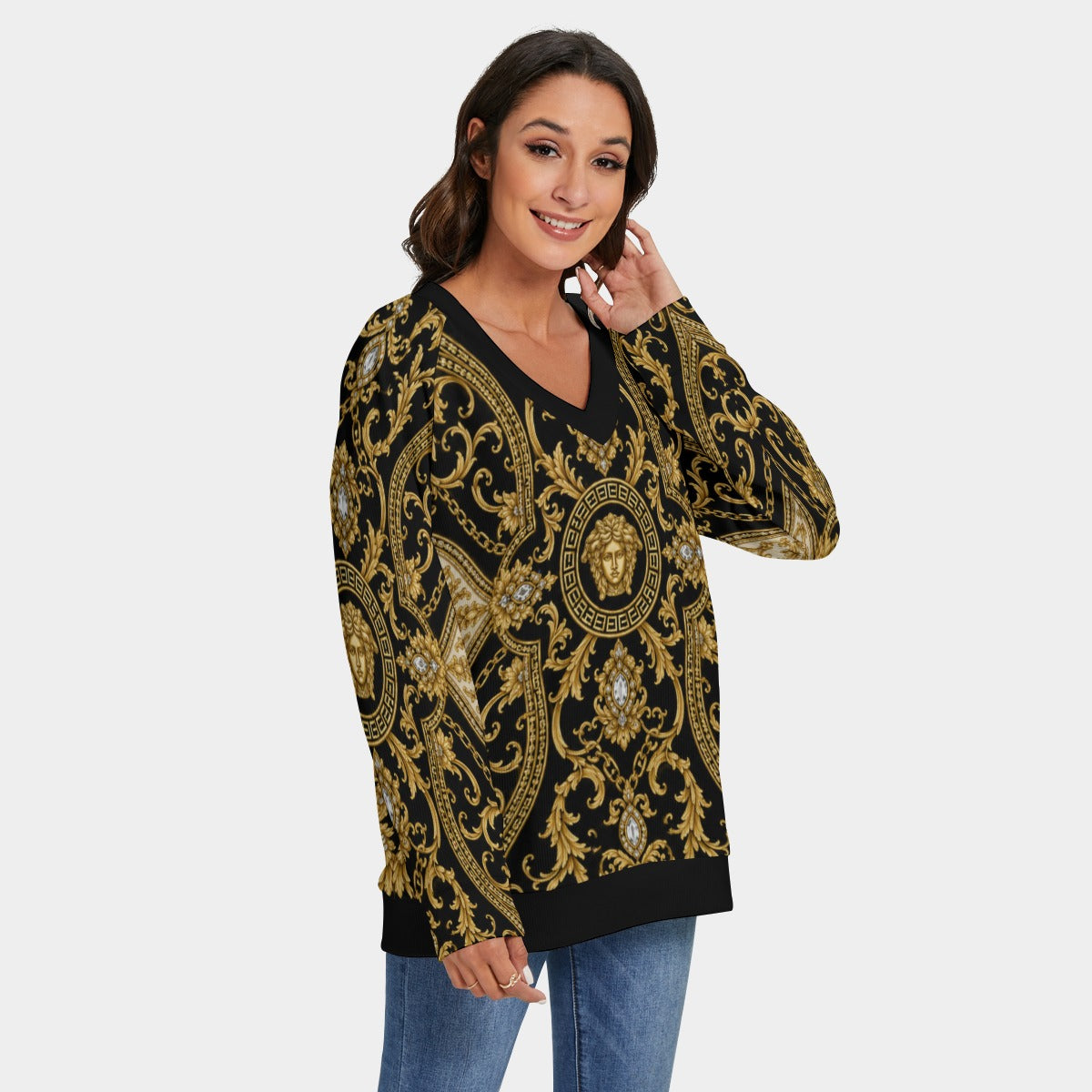 NDO LUXE Medal Women's V-neck Imitation Knitted Sweater With Long Sleeve