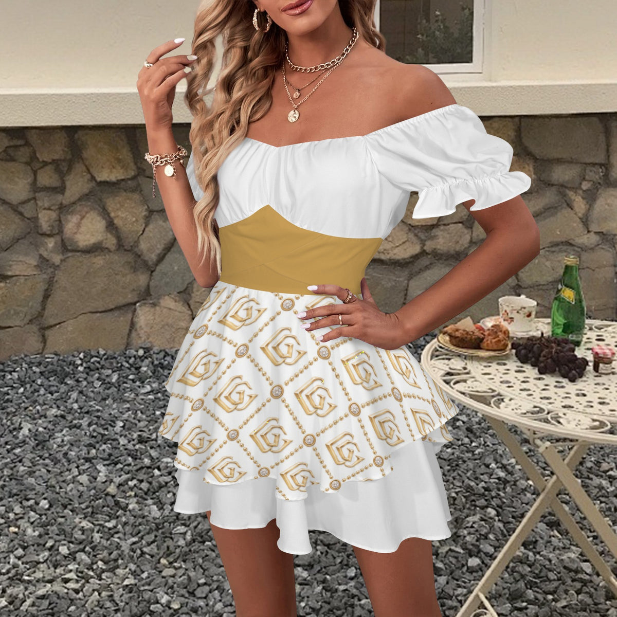 Giamorae Designer Off Shoulder White Gold Women's Off Shoulder Ruffle Hem Dress