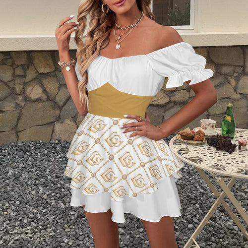 Giamorae Designer Off Shoulder White Gold Women's Off Shoulder Ruffle Hem Dress