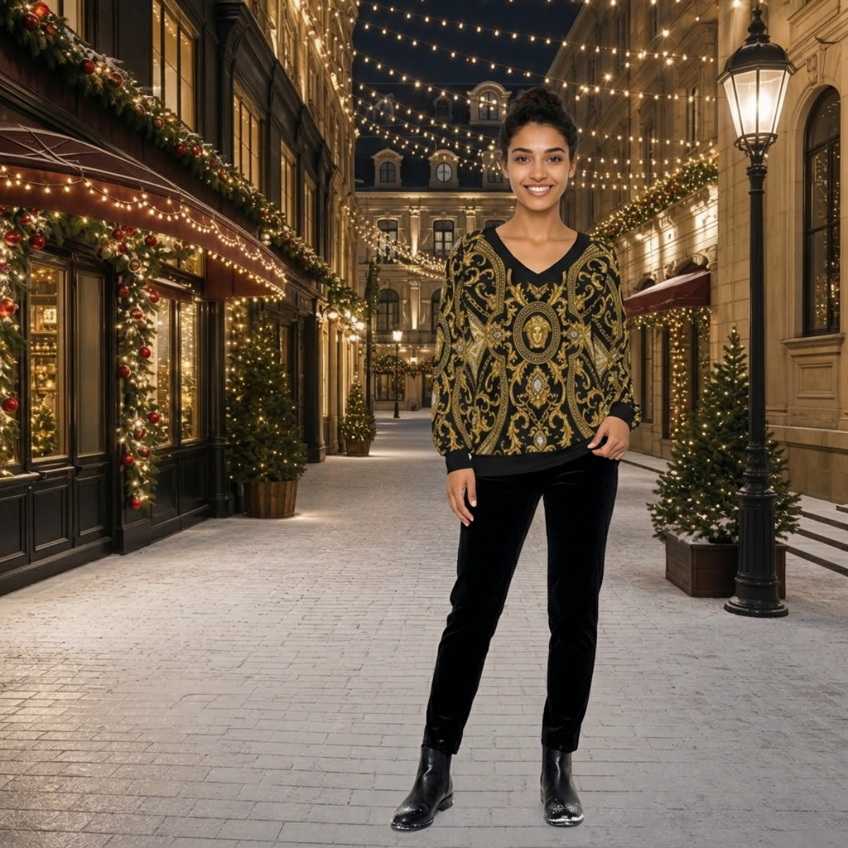 NDO LUXE Medal Women's V-neck Imitation Knitted Sweater With Long Sleeve
