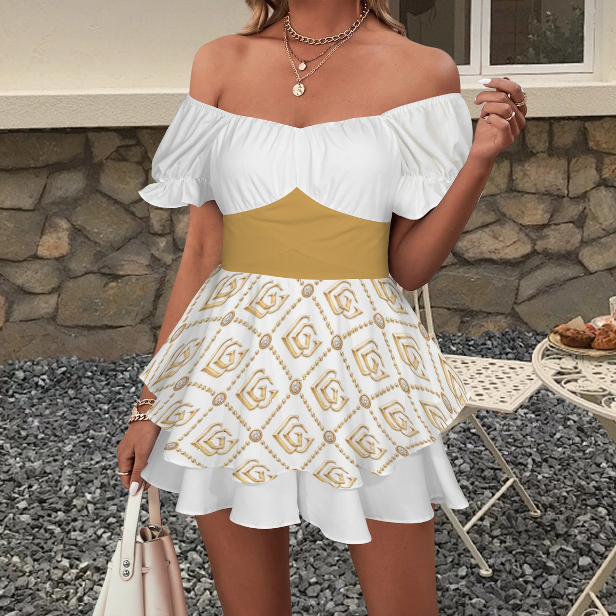 Giamorae Designer Off Shoulder White Gold Women's Off Shoulder Ruffle Hem Dress